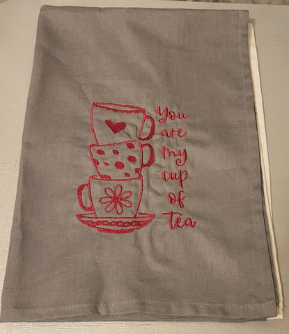 Stack Cups Embroidered Tea Towel